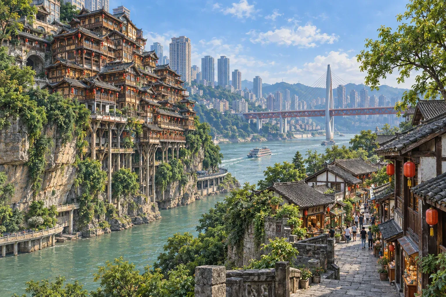 Chongqing riverside skyline and old wharf town