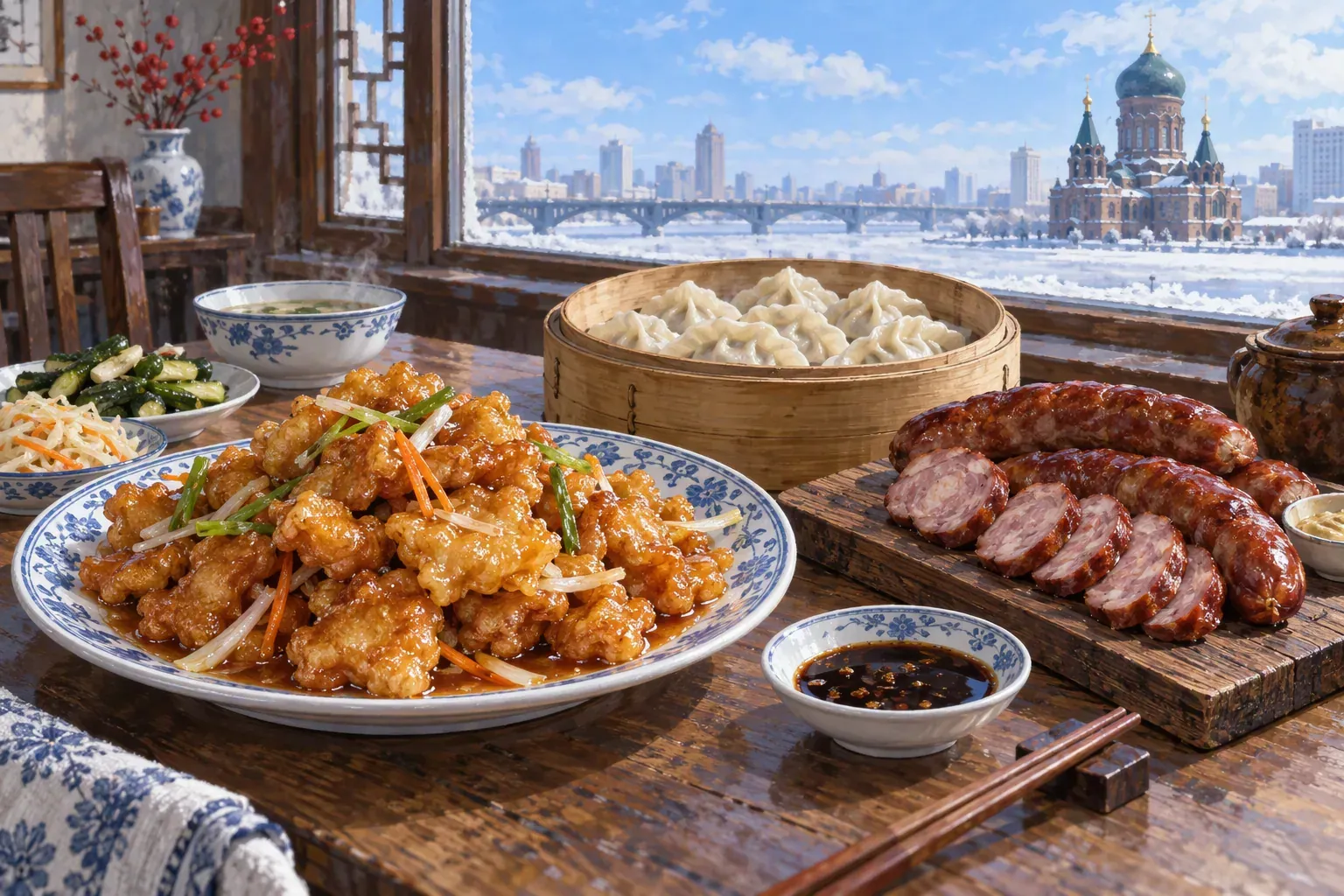 Harbin guo bao rou, hongchang sausage and Russian-style bread