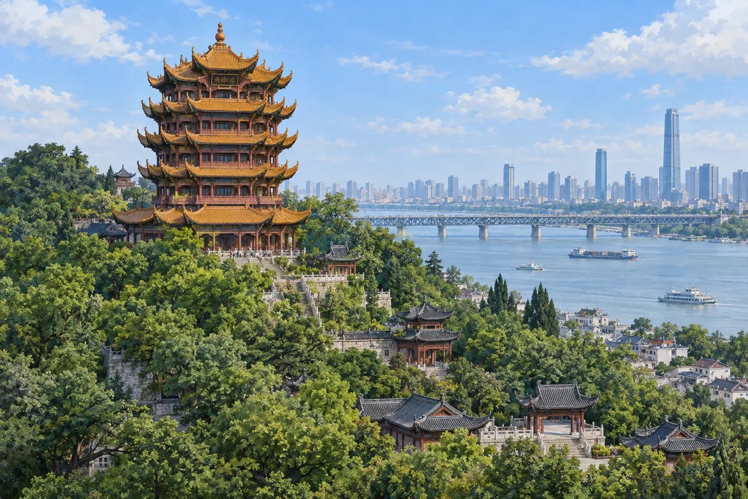 Wuhan Yellow Crane Tower and cherry blossoms