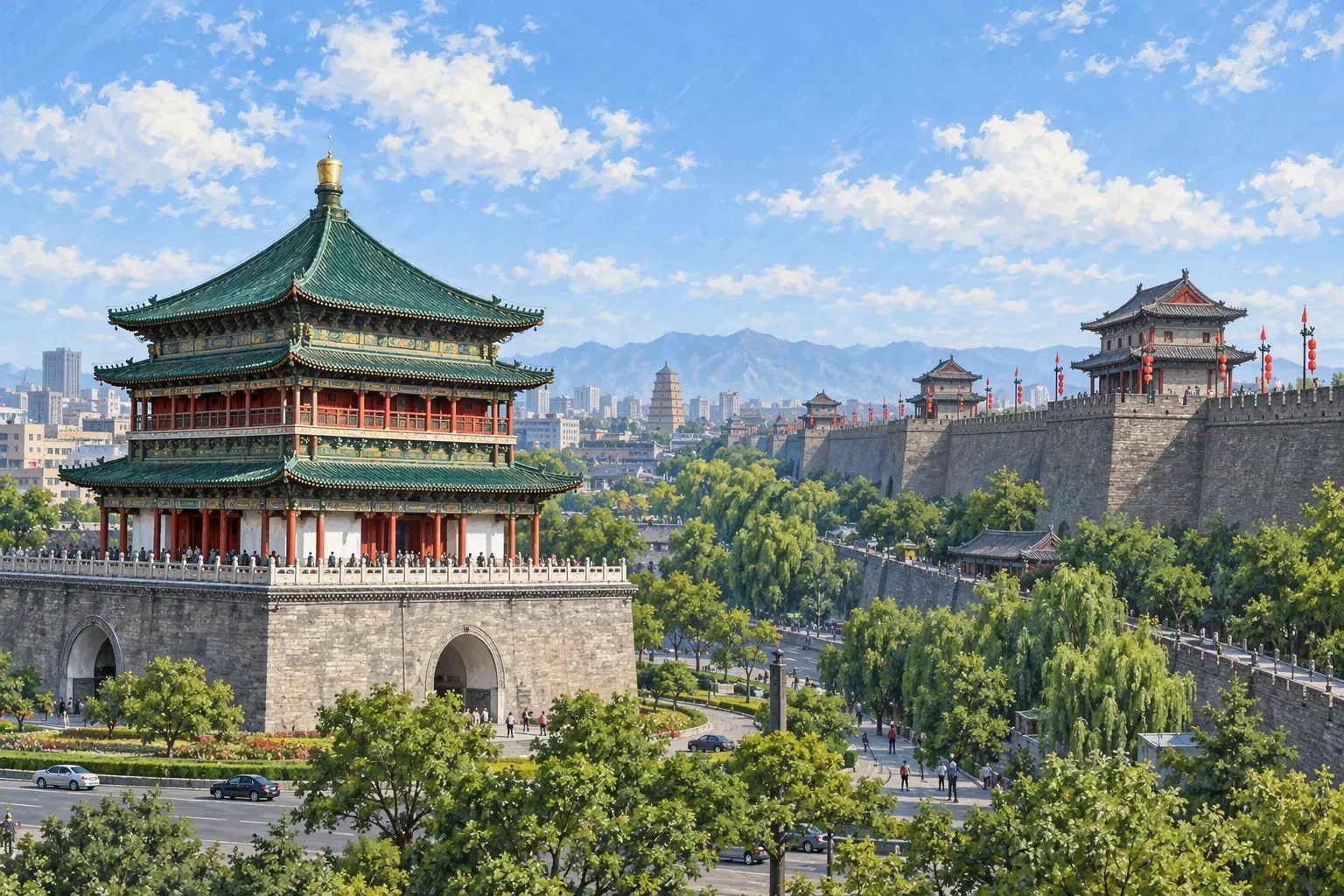 Xi'an city wall and Big Wild Goose Pagoda