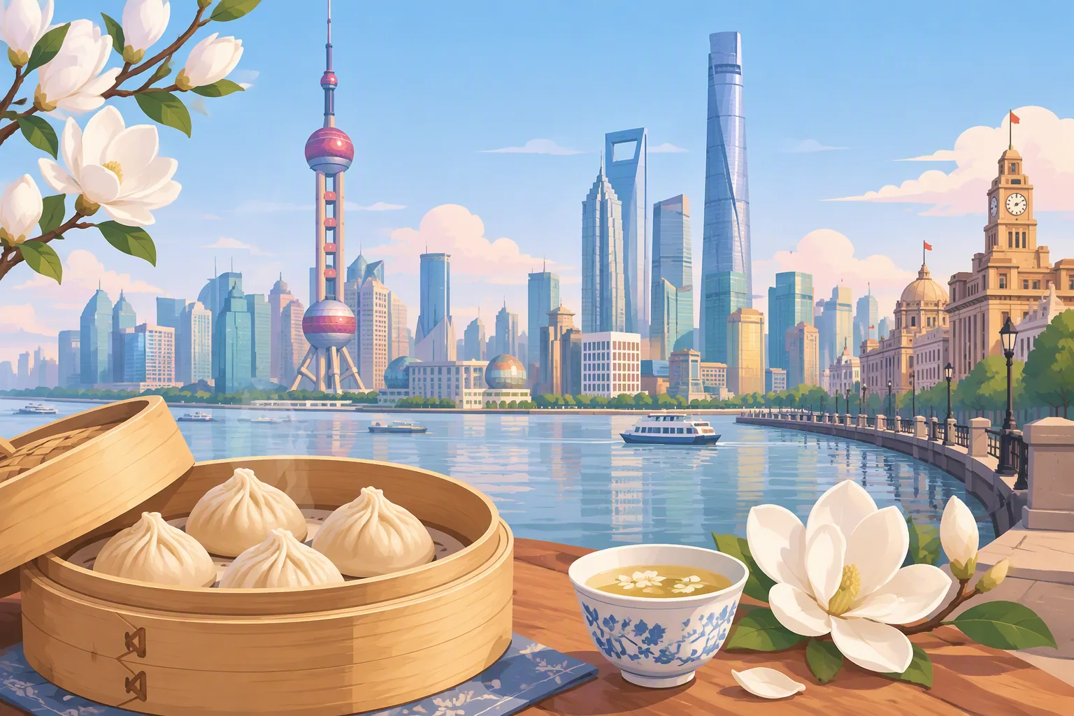 Illustration of city and student life in Shanghai