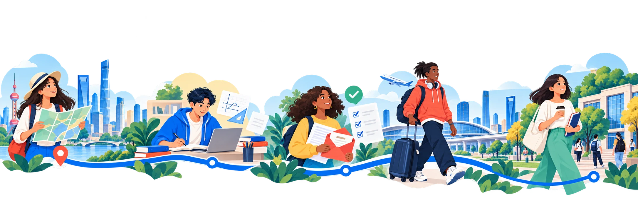 A continuous illustration of five students along the journey: exploring a city with a map, preparing on a laptop, applying with documents, arriving with a suitcase, and living on campus