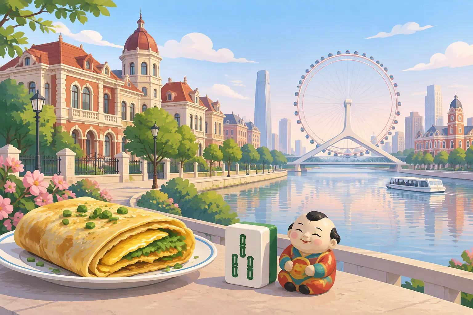 Illustration of city and student life in Tianjin